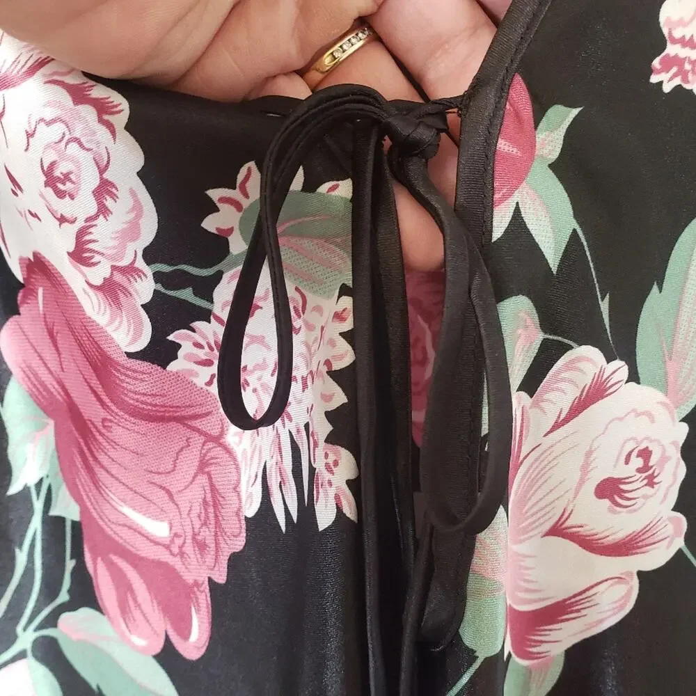 Lavendar black floral silky short night gown size small